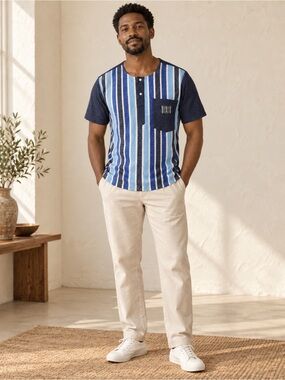Handmade in Togo African Men’s Blue Striped Tunic Shirt Fits Medium